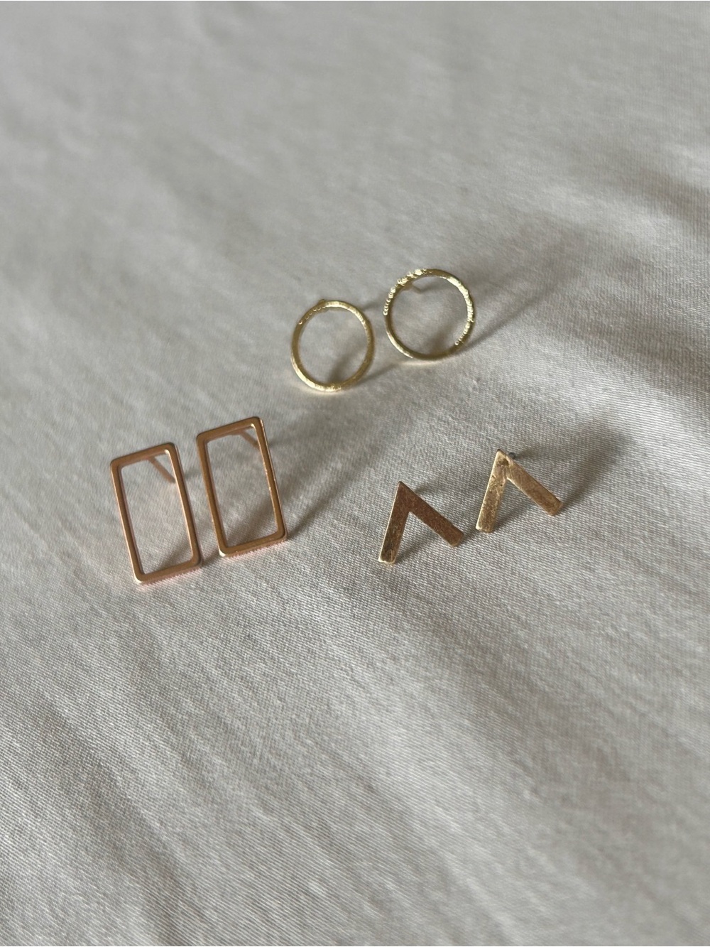 3 Pair Gold Tone Minimalist Geometric Stud Earring Bundle
